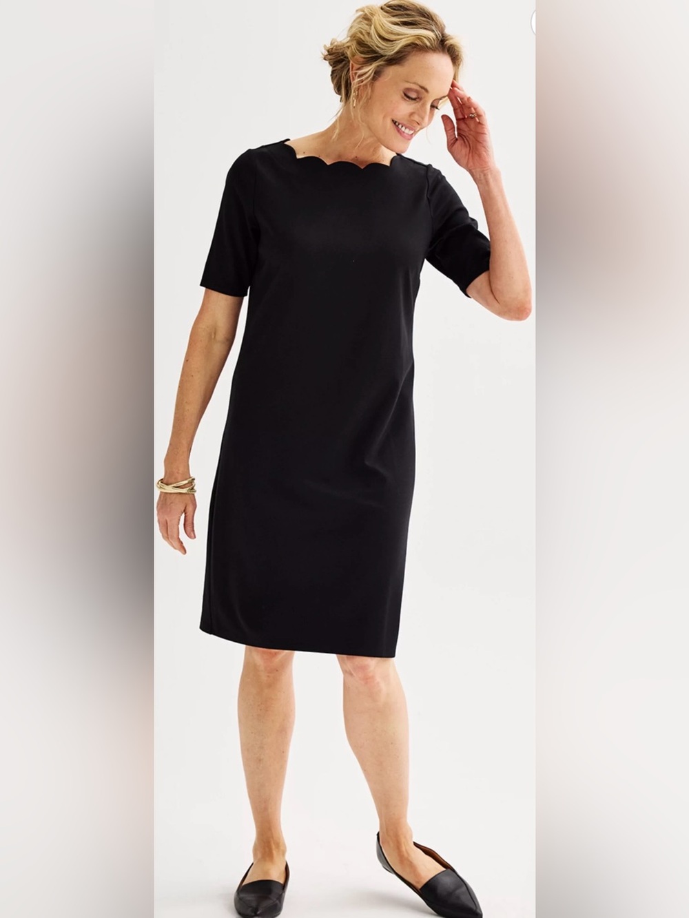 croft & barrow Black Scalloped Neck Short Sleeve Petite Shift Dress Size Small